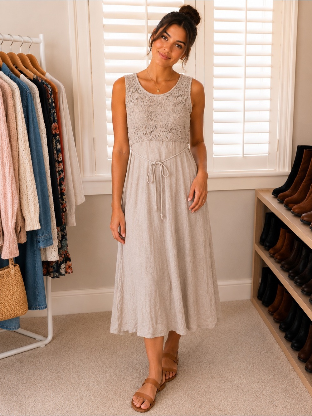 Scarlett Beige Linen Blend Midi Dress with Crochet Lace Bodice Size 3/4